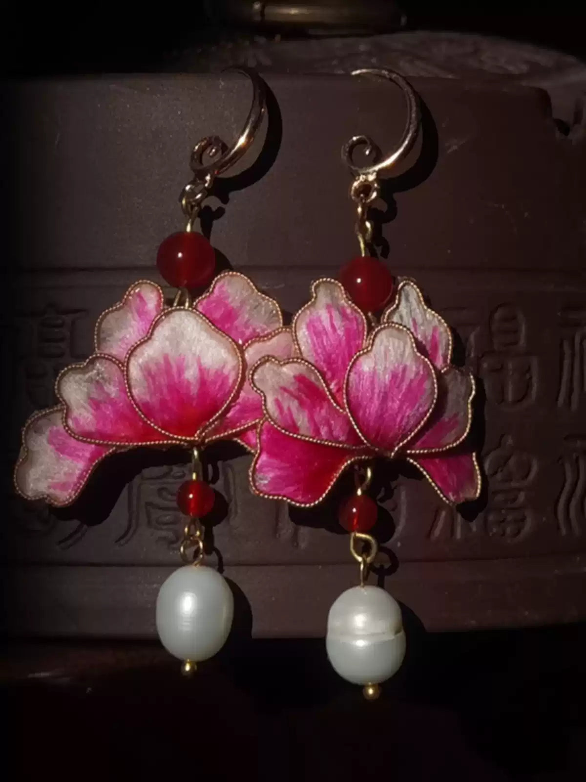 Handcrafted Silk Velvet Floral Earrings - Blue & Pink Classic Chinese Style