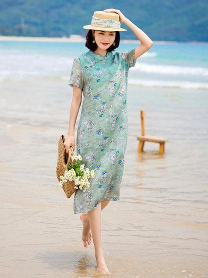 Loose Fit Ramie Printed Qipao