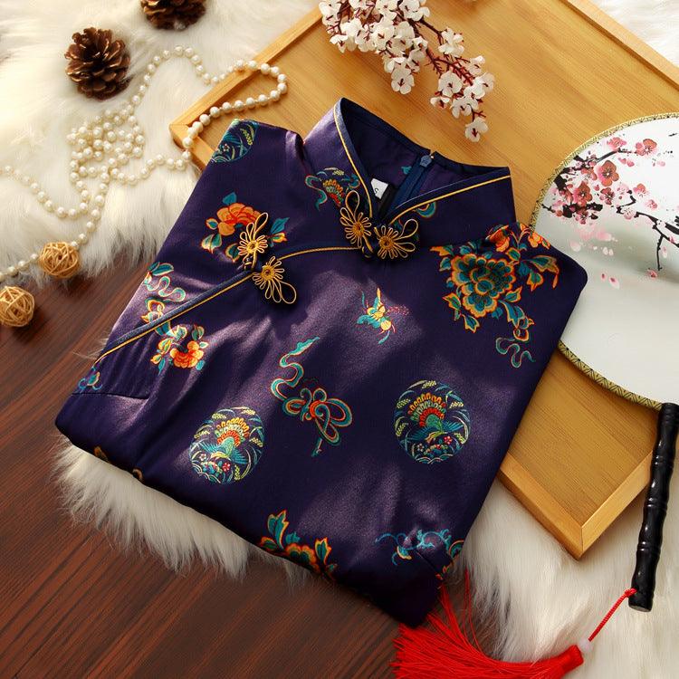 Deep Blue Mulberry Silk Cheongsam Top