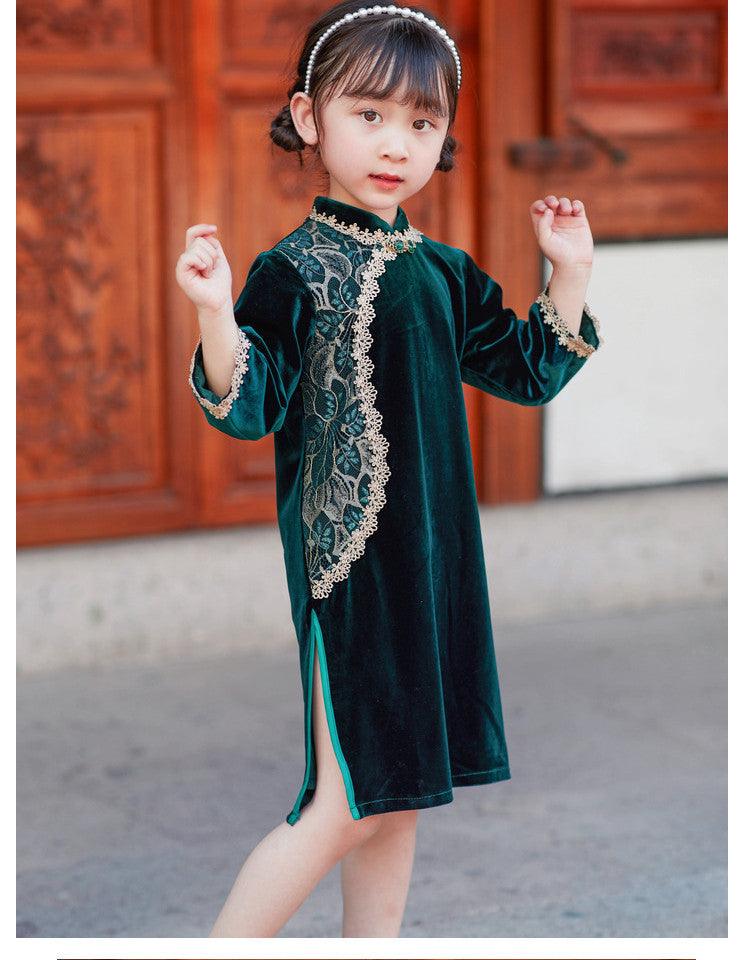 Green and burgundy Girls' Cheongsam Dresses