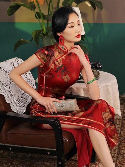 Red Mulberry silk Cheongsam with floral