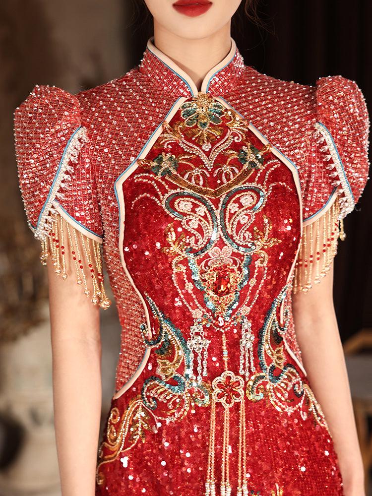 Red Traditional Chinese wedding Cheongsam with Sequins