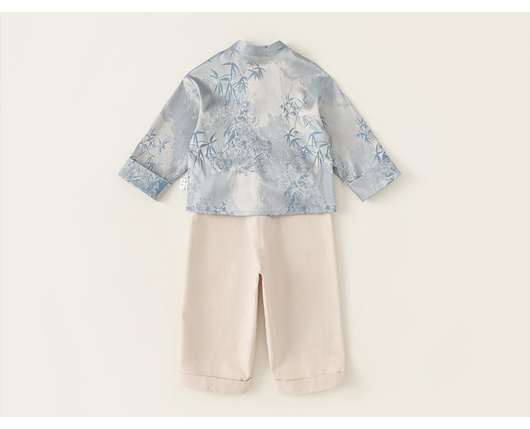 Boys' Frog Button Top and Loose Pants Two-Piece Chinese Set