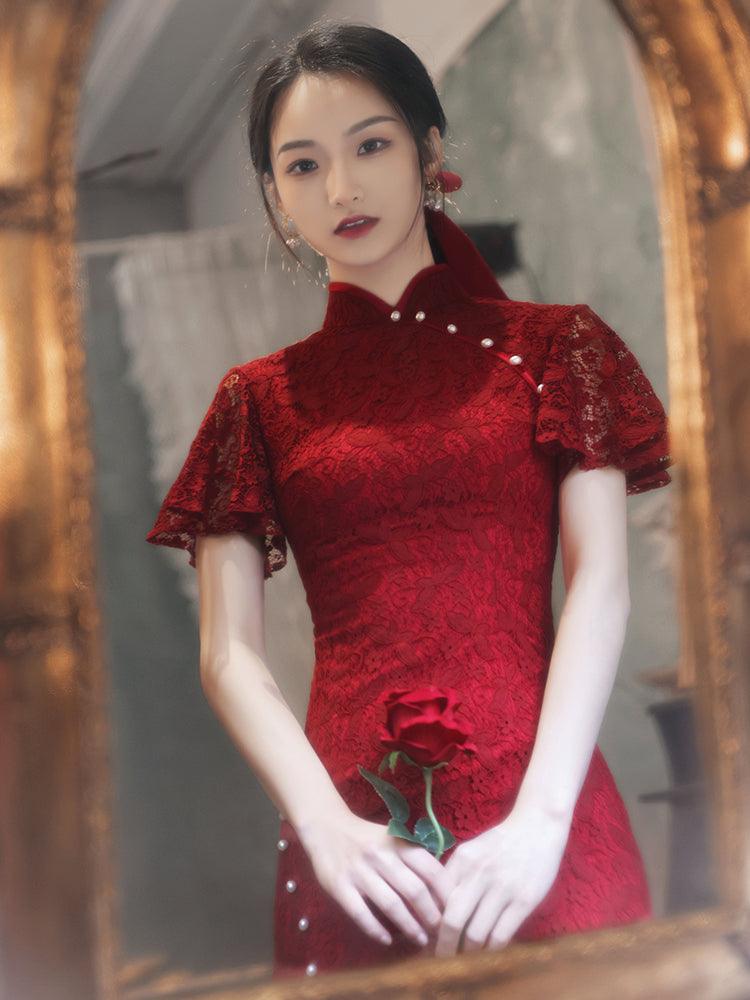 Wine Red Lace Tea Ceremony Qipao