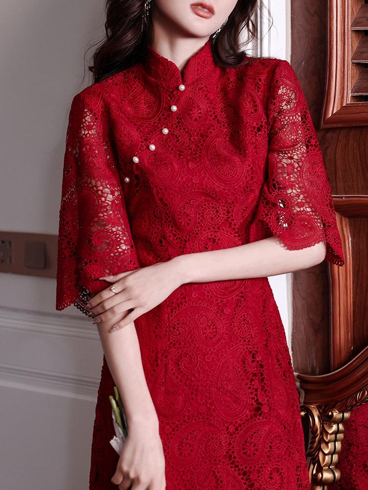 Lace Wine Red Cheongsam Dress Chinese Wedding