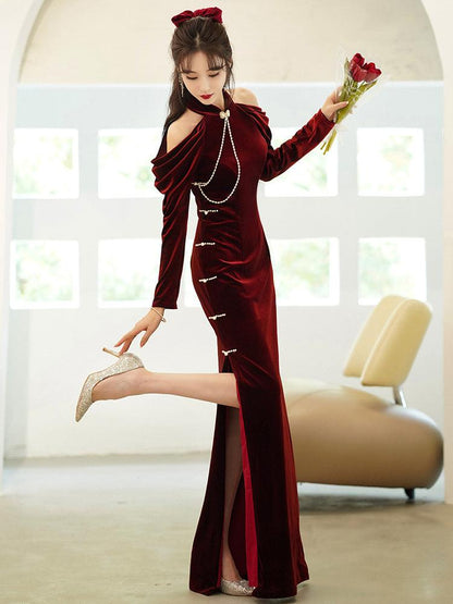 Burgundy Velvet Cheongsam with off shoulder