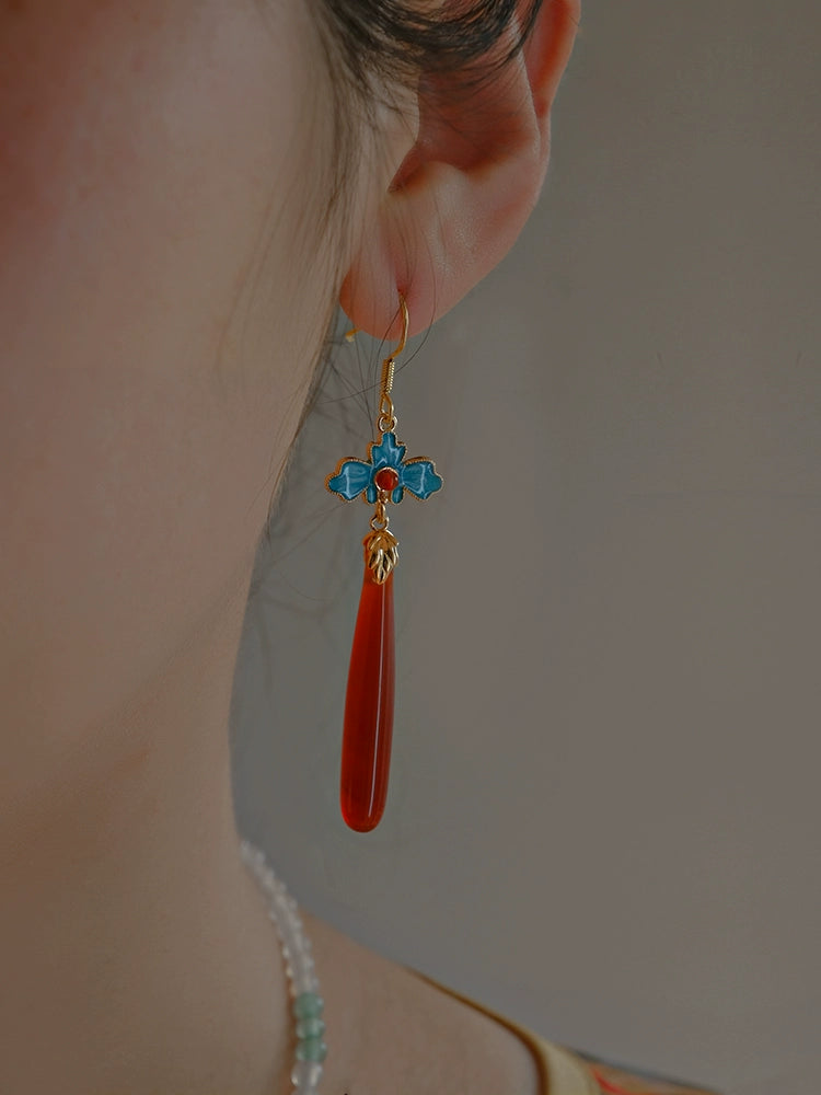 Chinese Style Red Agate Long Teardrop Earrings - Enamel & Cloisonné for Hanfu & Qipao