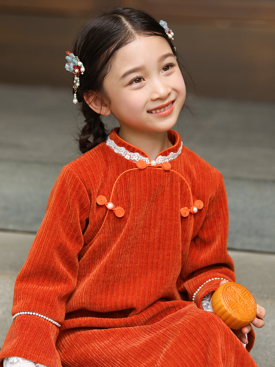 Chenille Red Qipao Dress For Girl