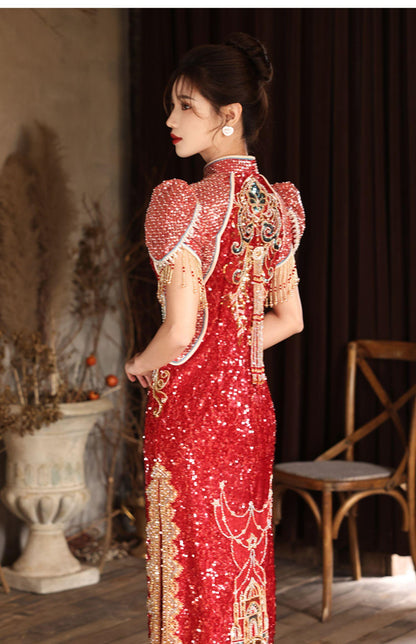 Red Traditional Chinese wedding Cheongsam with Sequins