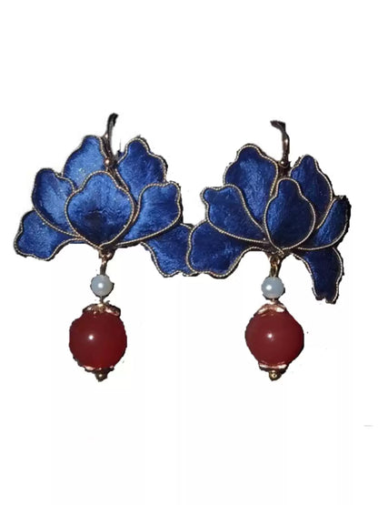 Handcrafted Silk Velvet Floral Earrings - Blue & Pink Classic Chinese Style