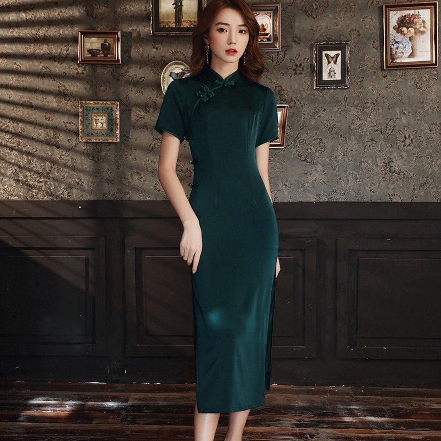 Green/Black Long Qipao Chinese Evening gown