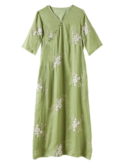 Grass Green Ramie Printed Loose Fit Qipao