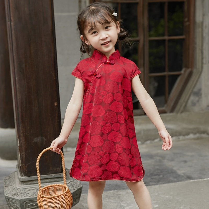 Girl Red Qipao Summer Dress