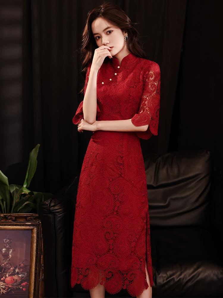 Lace Wine Red Cheongsam Dress Chinese Wedding