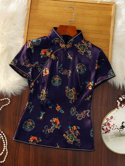 Deep Blue Mulberry Silk Cheongsam Top