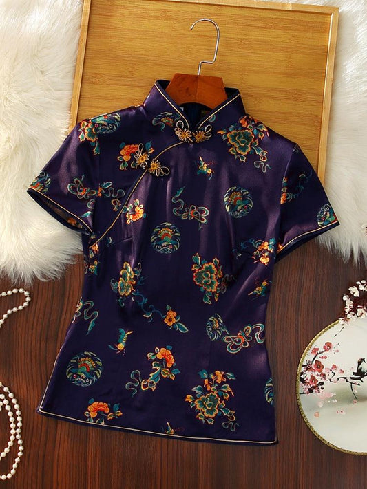 Deep Blue Mulberry Silk Cheongsam Top