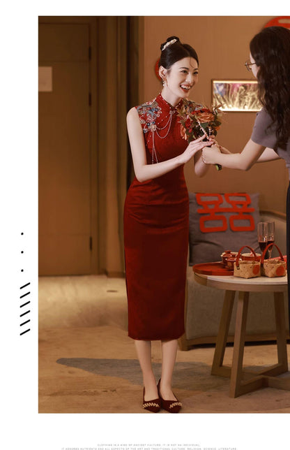 Wine Red Cheongsam Embroidered