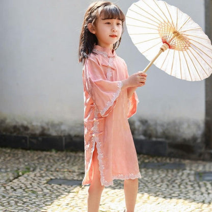 Pink Color Qipao with Lace Trim Girl's Cheongsam