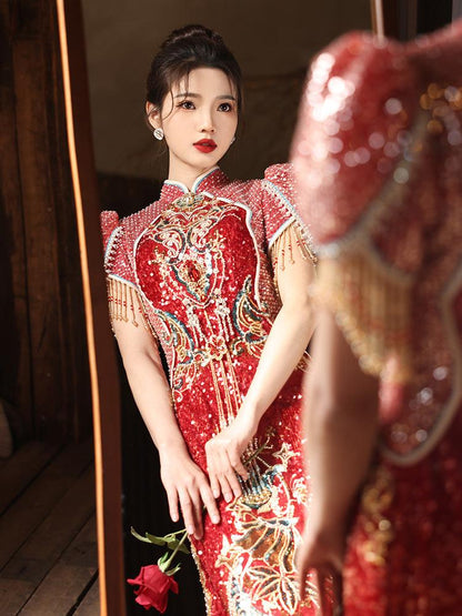 Red Traditional Chinese wedding Cheongsam with Sequins