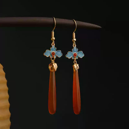 Chinese Style Red Agate Long Teardrop Earrings - Enamel & Cloisonné for Hanfu & Qipao