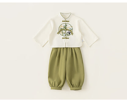 Boys' Hanfu Two-Piece Set, Children's Frog Button Chinese Style Shirt