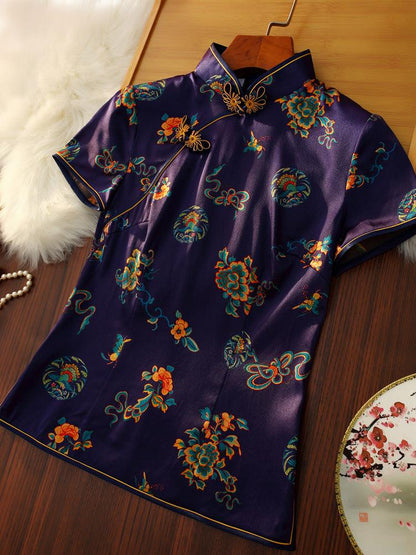 Deep Blue Mulberry Silk Cheongsam Top