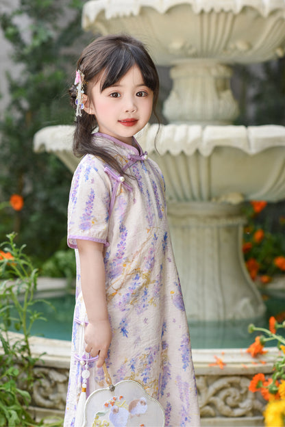 Girls' Wisteria Pattern Qipao Summer Dress