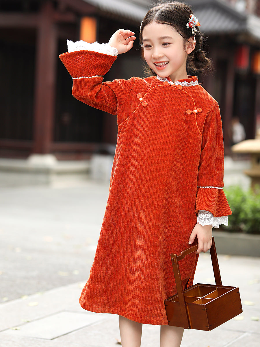 Chenille Red Qipao Dress For Girl