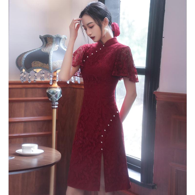 Wine Red Lace Tea Ceremony Qipao