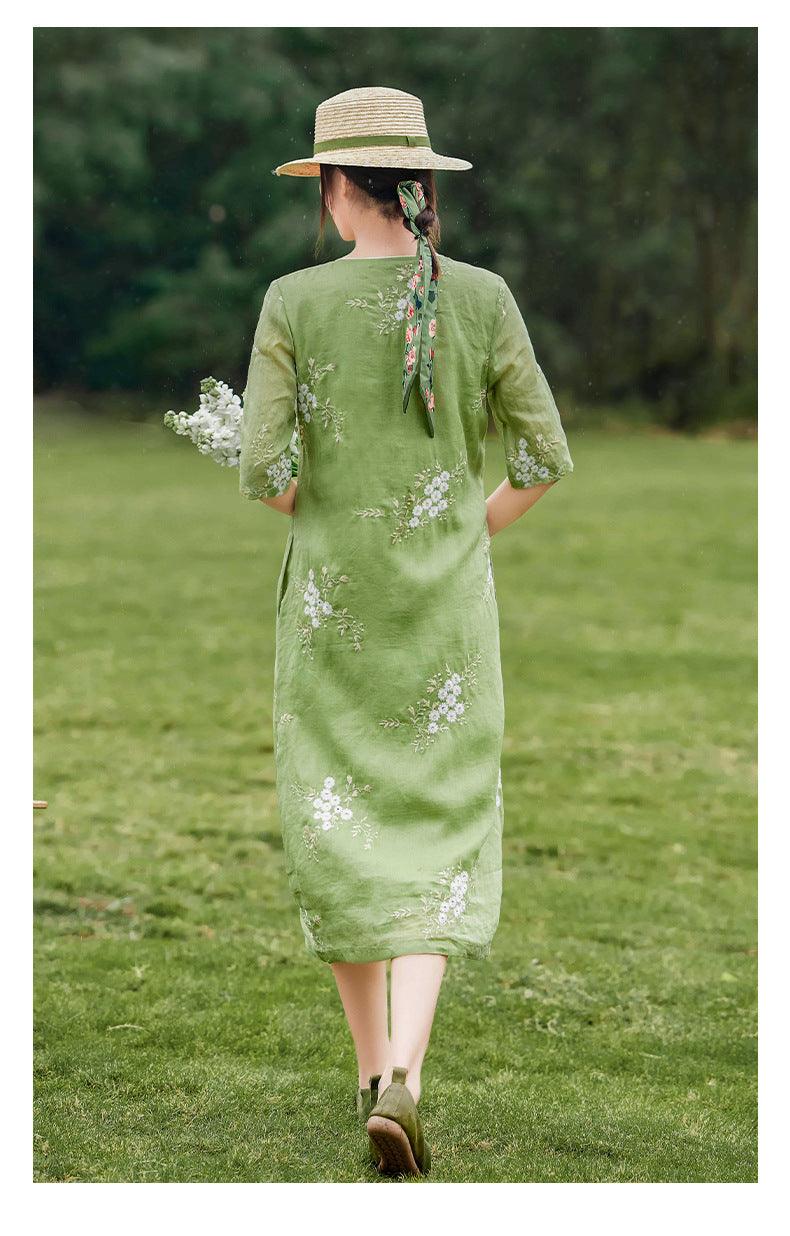 Grass Green Ramie Printed Loose Fit Qipao