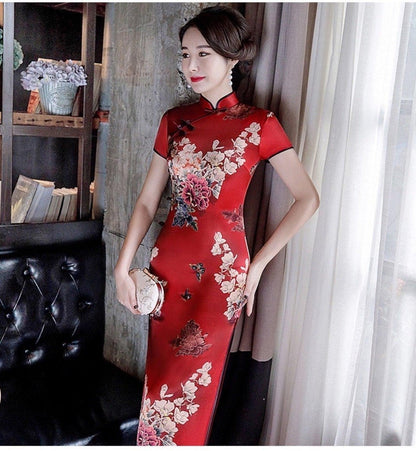 Red-based Large-floral Pattern Mulberry Silk Qipao