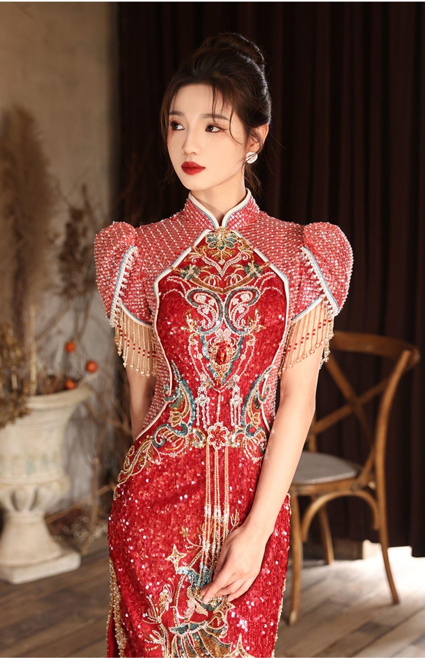 Red Traditional Chinese wedding Cheongsam with Sequins