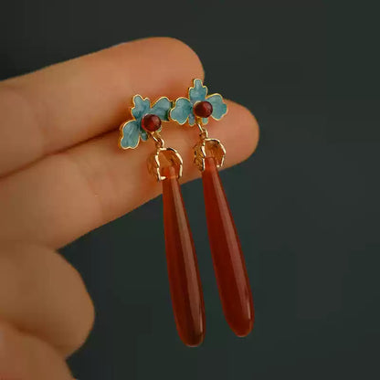 Chinese Style Red Agate Long Teardrop Earrings - Enamel & Cloisonné for Hanfu & Qipao