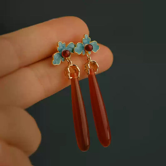 Chinese Style Red Agate Long Teardrop Earrings - Enamel & Cloisonné for Hanfu & Qipao