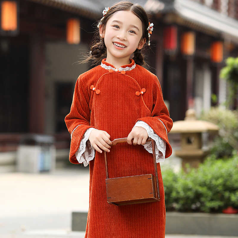 Chenille Red Qipao Dress For Girl