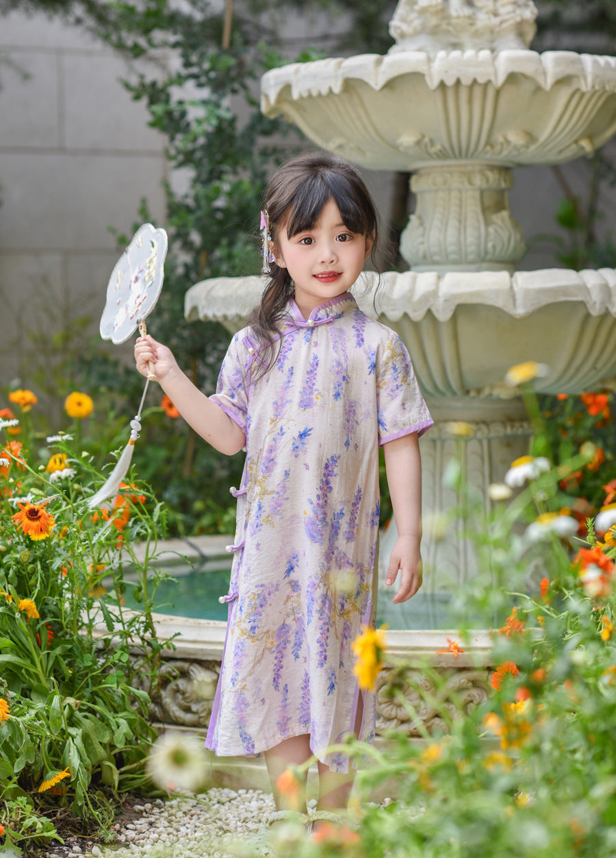 Girls' Wisteria Pattern Qipao Summer Dress