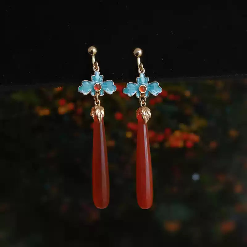 Chinese Style Red Agate Long Teardrop Earrings - Enamel & Cloisonné for Hanfu & Qipao