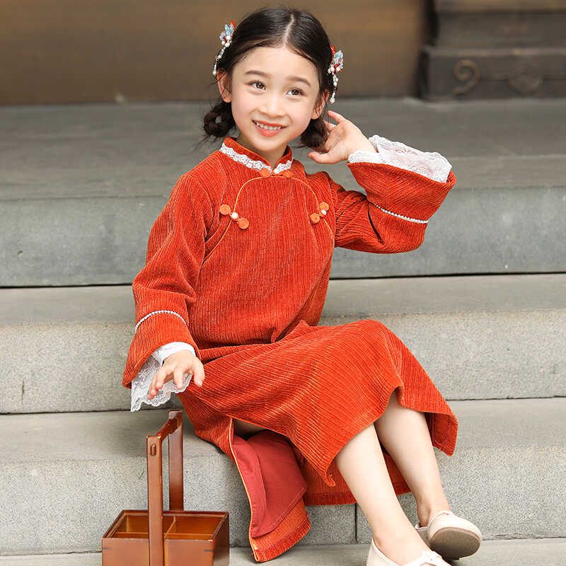 Chenille Red Qipao Dress For Girl