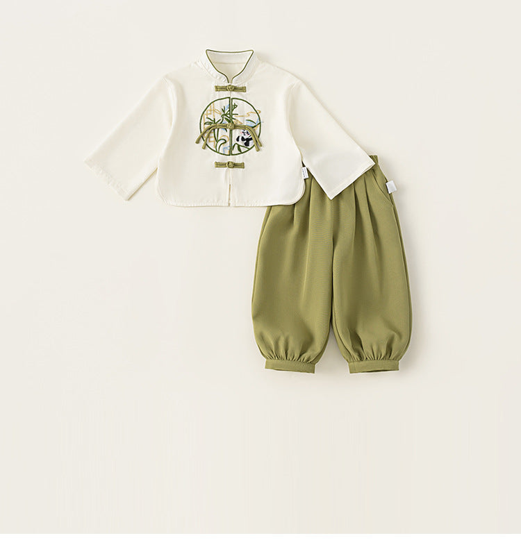 Boys' Hanfu Two-Piece Set, Children's Frog Button Chinese Style Shirt