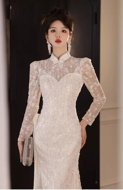 Open back Cheongsam with sequin White Wedding with train