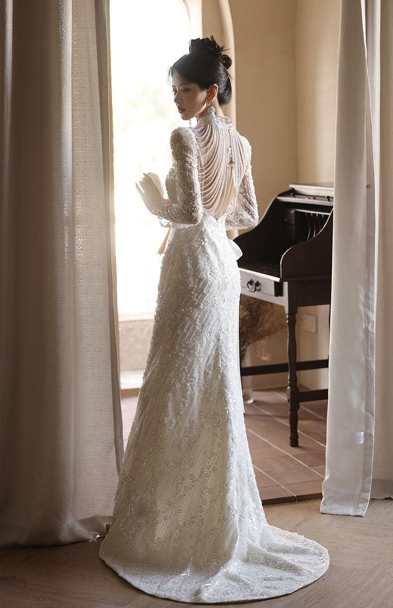 Open back Cheongsam with sequin White Wedding with train