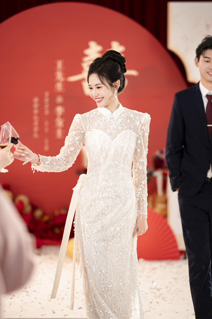 Open back Cheongsam with sequin White Wedding with train