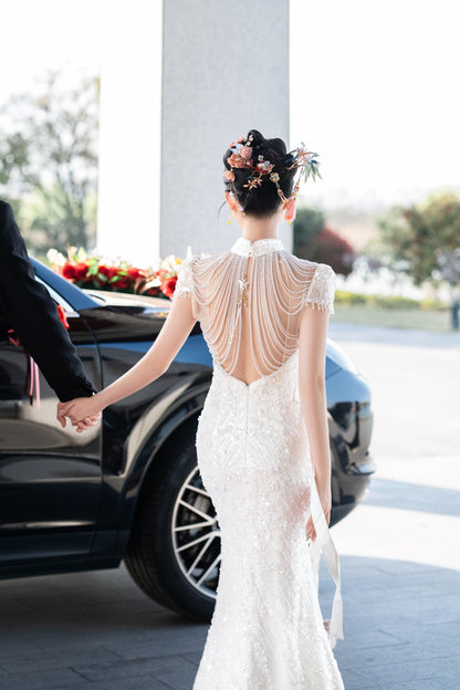 Open back Cheongsam with sequin White Wedding with train