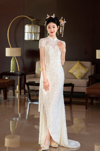 Open back Cheongsam with sequin White Wedding with train