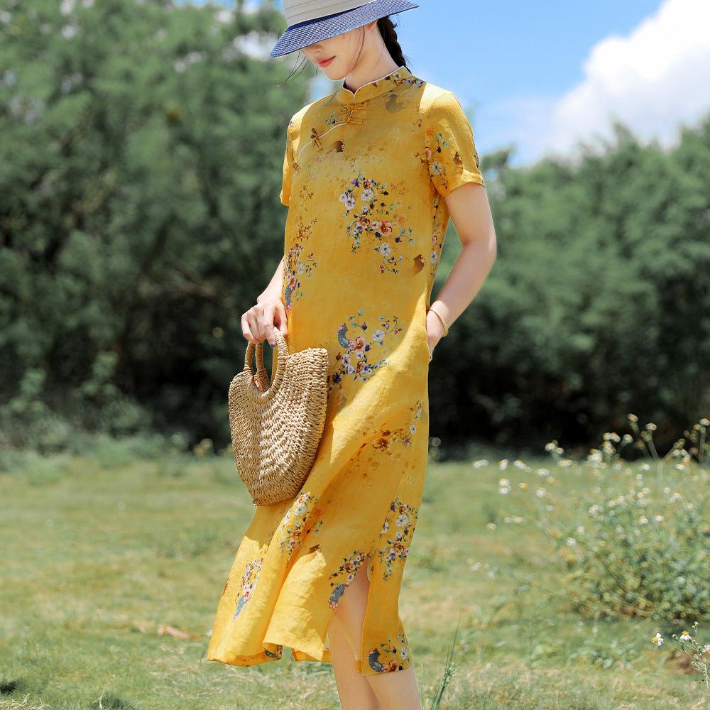 Yellow base color with floral Loose style Qipao