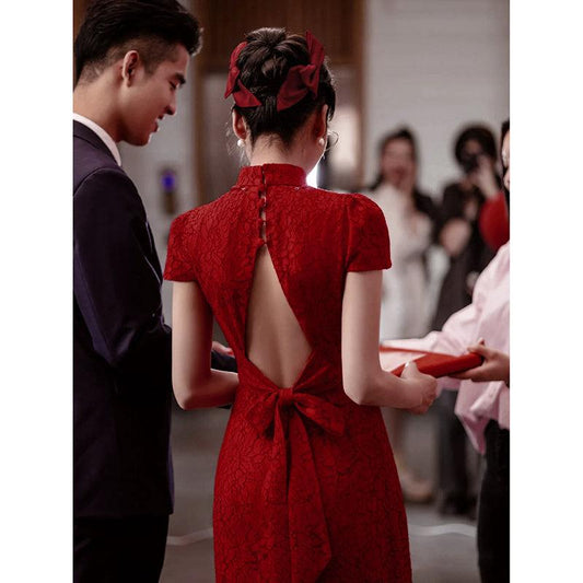 Wine Red Wedding Cheongsam Open Black Chinese Qipao