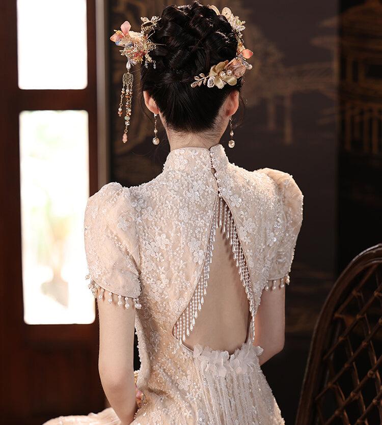 Open back dress with fringe Cheongsam for Wedding Ceremonial