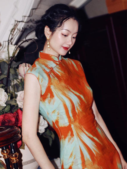 Orange Tie-Dye Inspired Printed Fashion Qipao