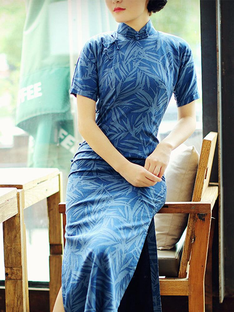 Leaf Pattern Cheongsam Blue Qipao Long Dress