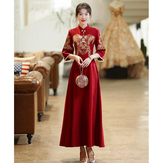 Customizable Wine Red Tea Ceremony Wedding Qipao